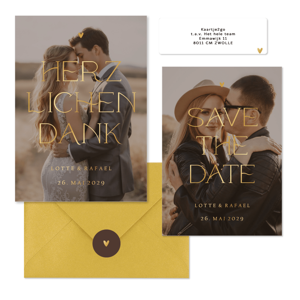 Fotokartenset zur Hochzeit mit elegantem goldenem Schriftzug