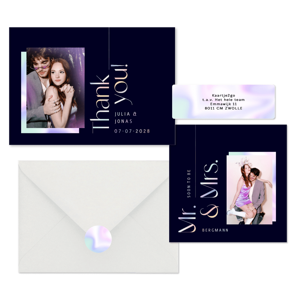 Hochzeitskarten modernes Set mit Holo-Schrift & Mr. & Mrs.
