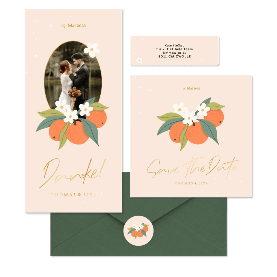 Hochzeitskartenset Orangen mit Orangenblüten 