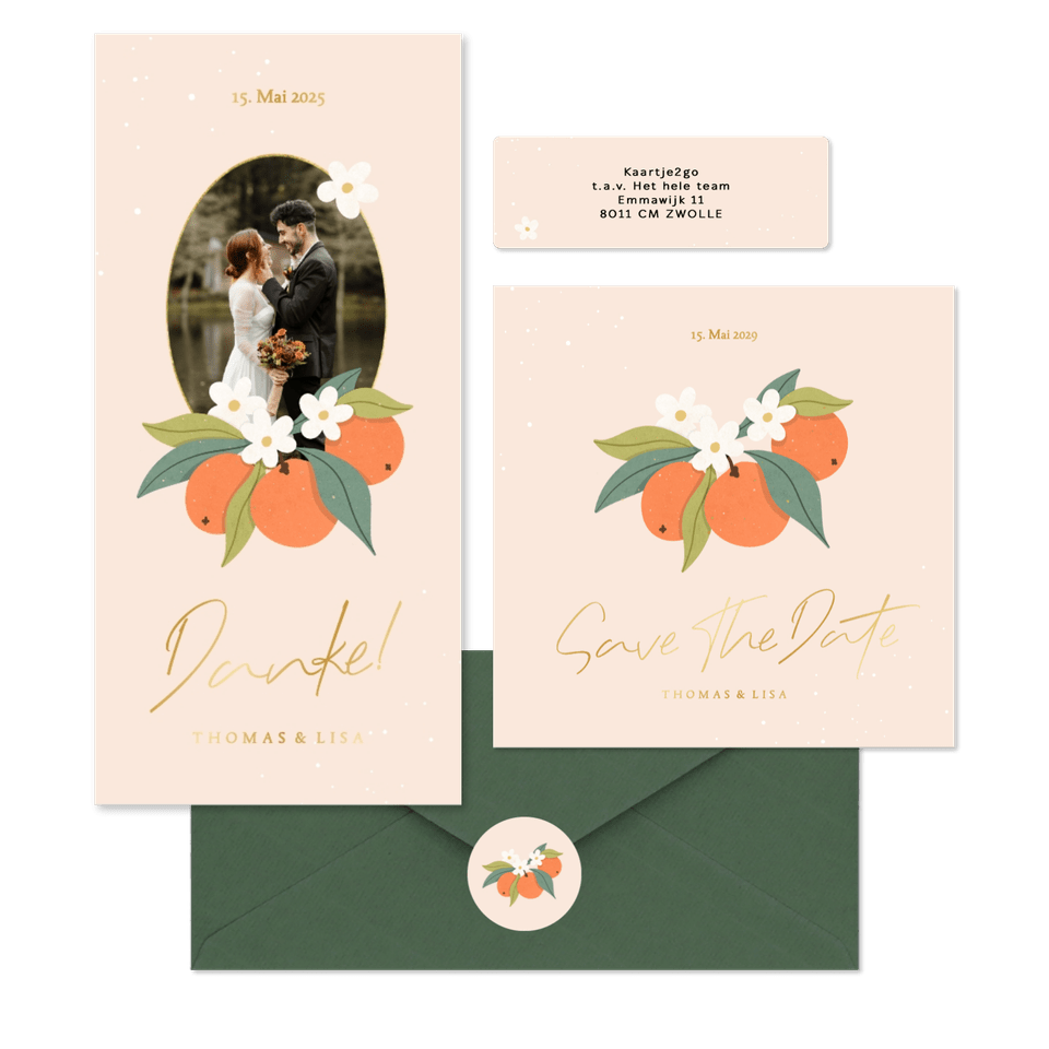 Hochzeitskartenset Orangen mit Orangenblüten 