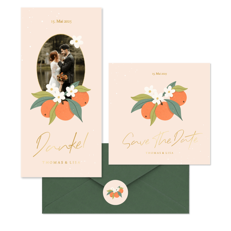 Hochzeitskartenset Orangen mit Orangenblüten
