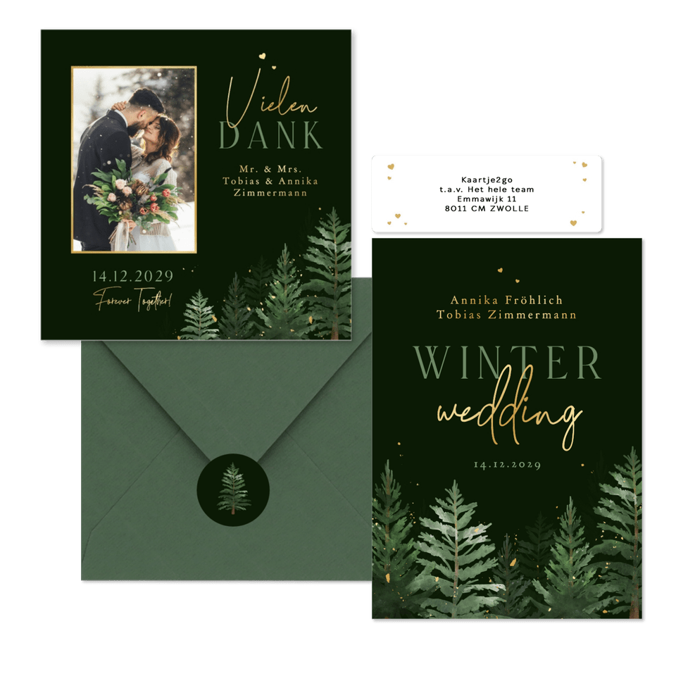 Hochzeitskarten Winterset Tannenbäume in Aquarell auf Dunkelgrün
