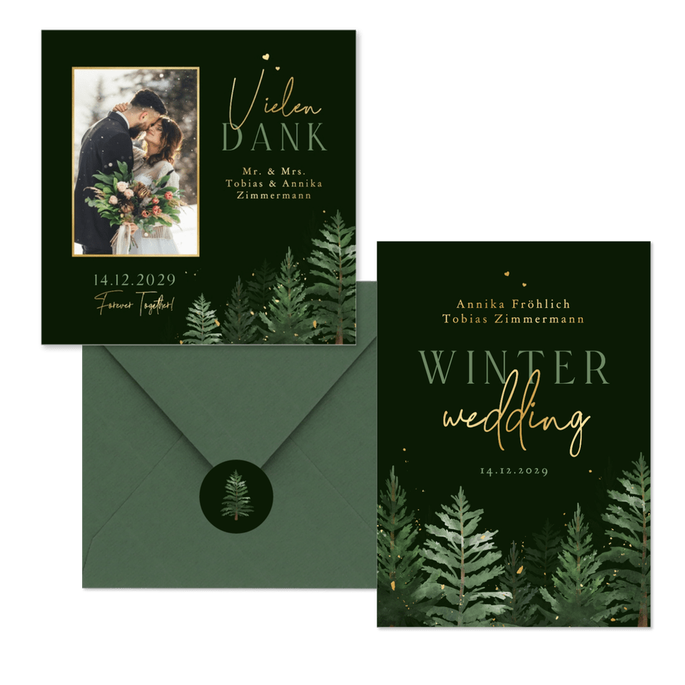 Hochzeitskarten Winterset Tannenbäume in Aquarell auf Dunkelgrün