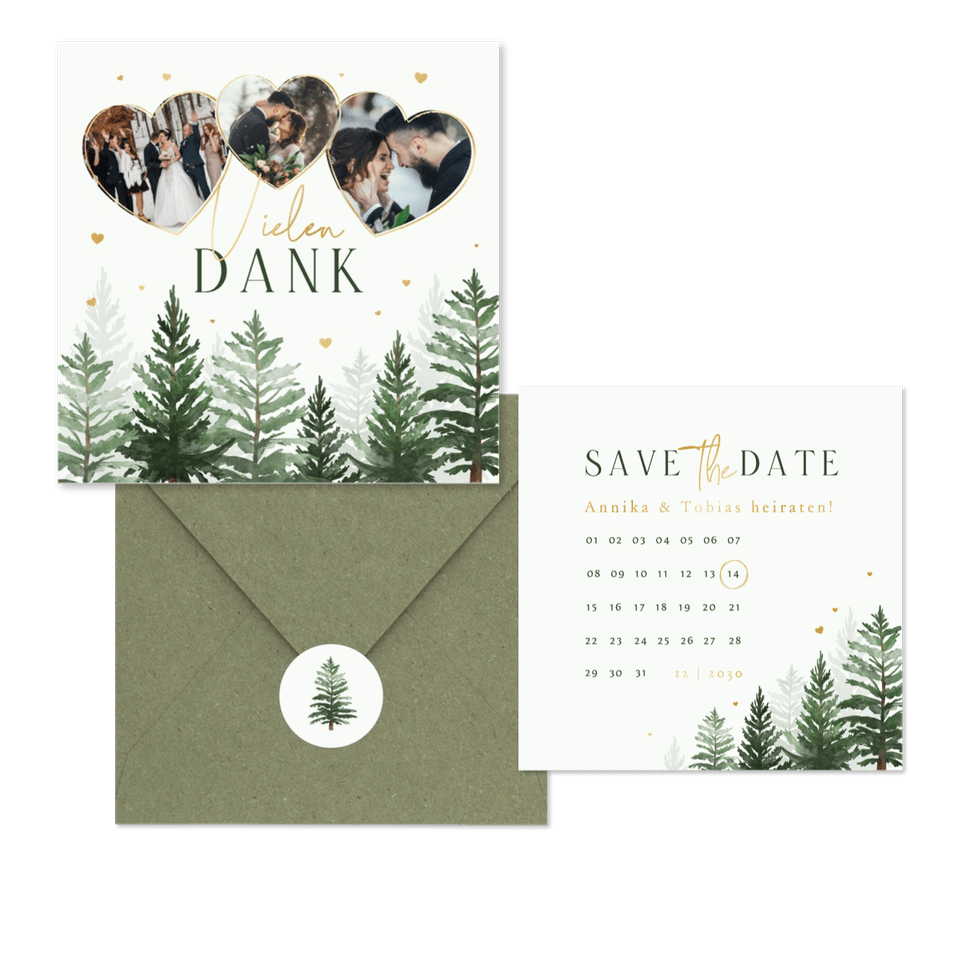 Winterhochzeit Kartenset Tannenbäume in Aquarell auf Hellgrün