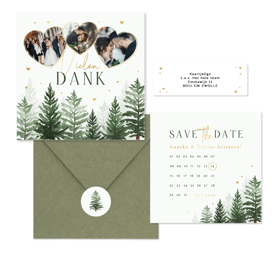 Winterhochzeit Kartenset Tannenbäume in Aquarell auf Hellgrün