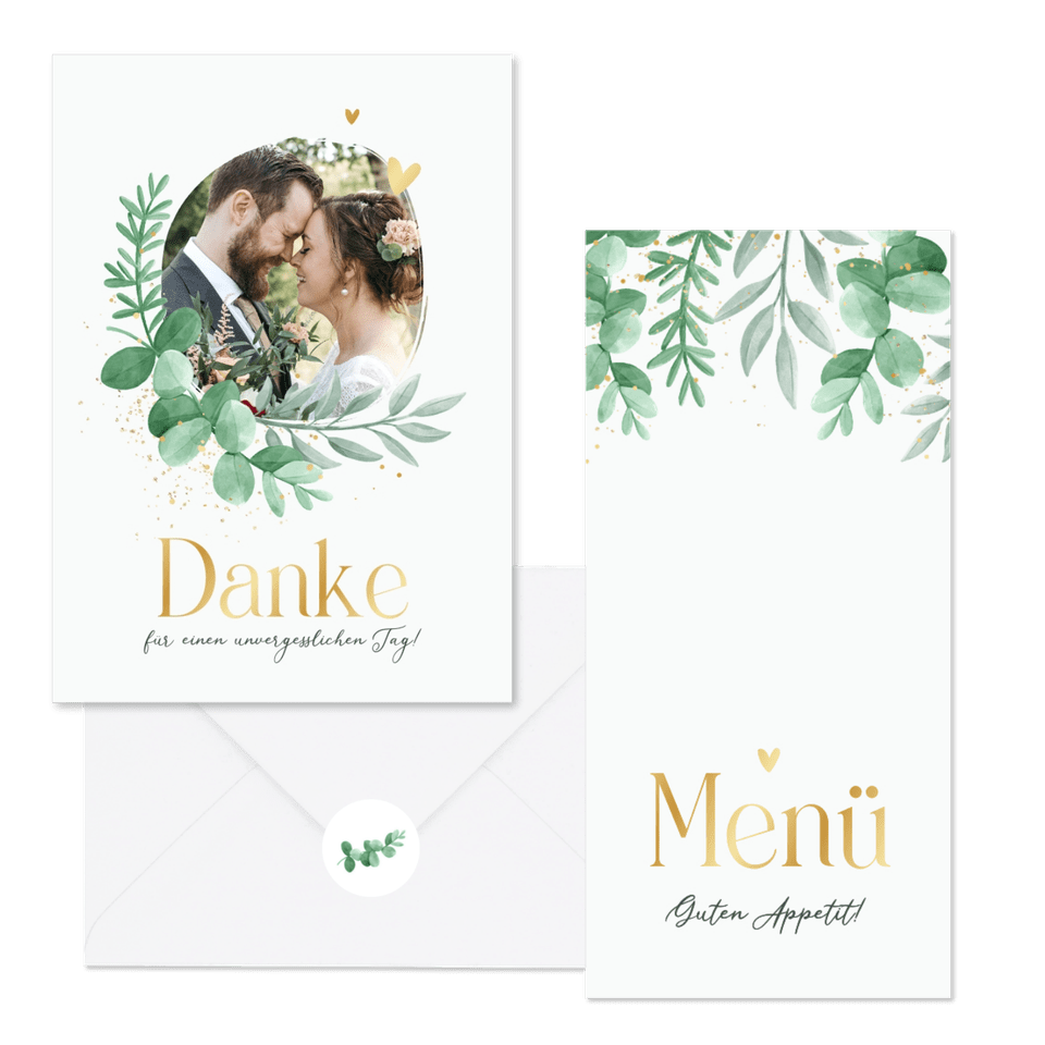 Hochzeitskartenset Blattgrün & Gold