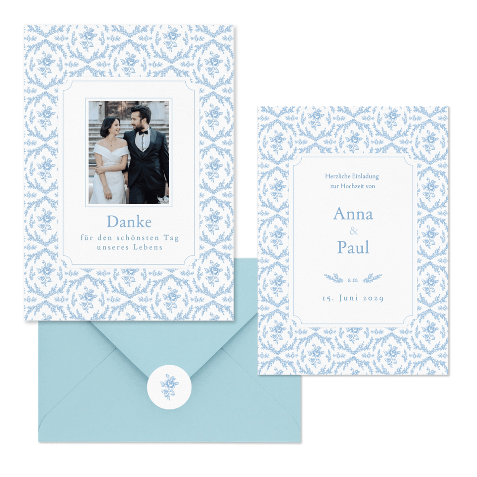 Hochzeitskartenset Hellblau englische Rosen klassisch