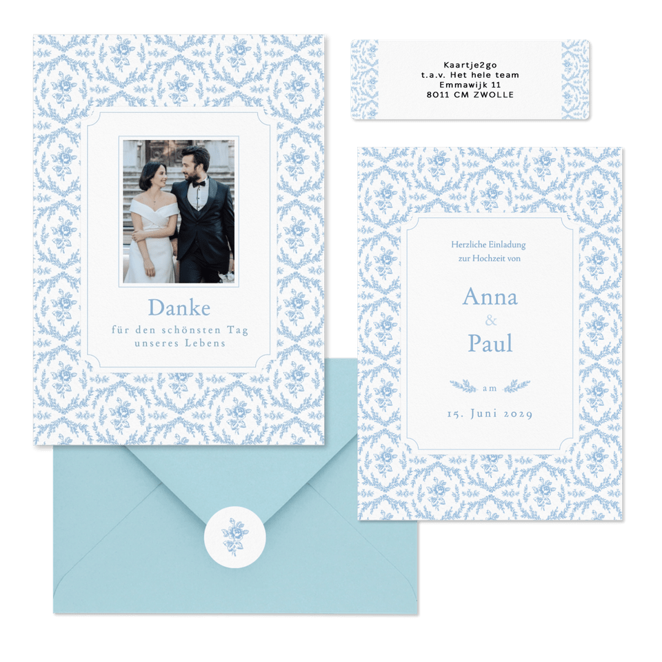 Hochzeitskartenset Hellblau englische Rosen klassisch