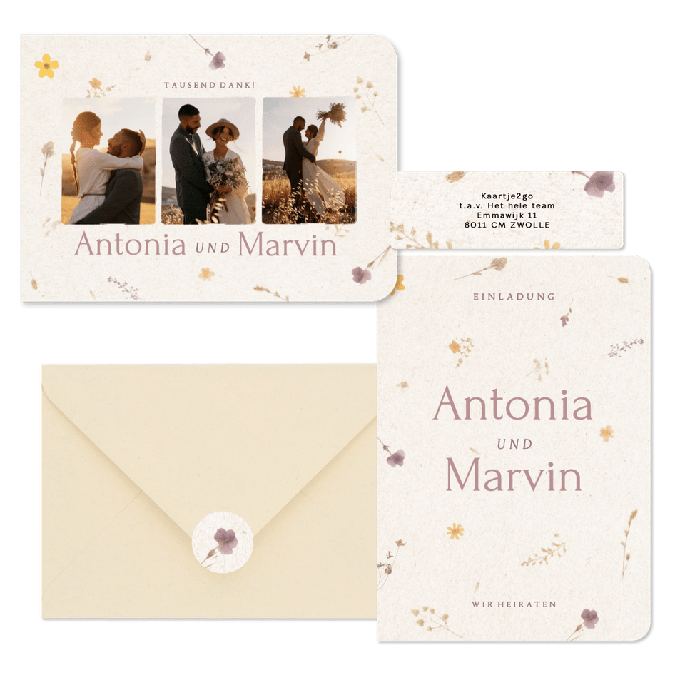 Hochzeitskartenset Schöpfpapier mit gepressten Blumen
