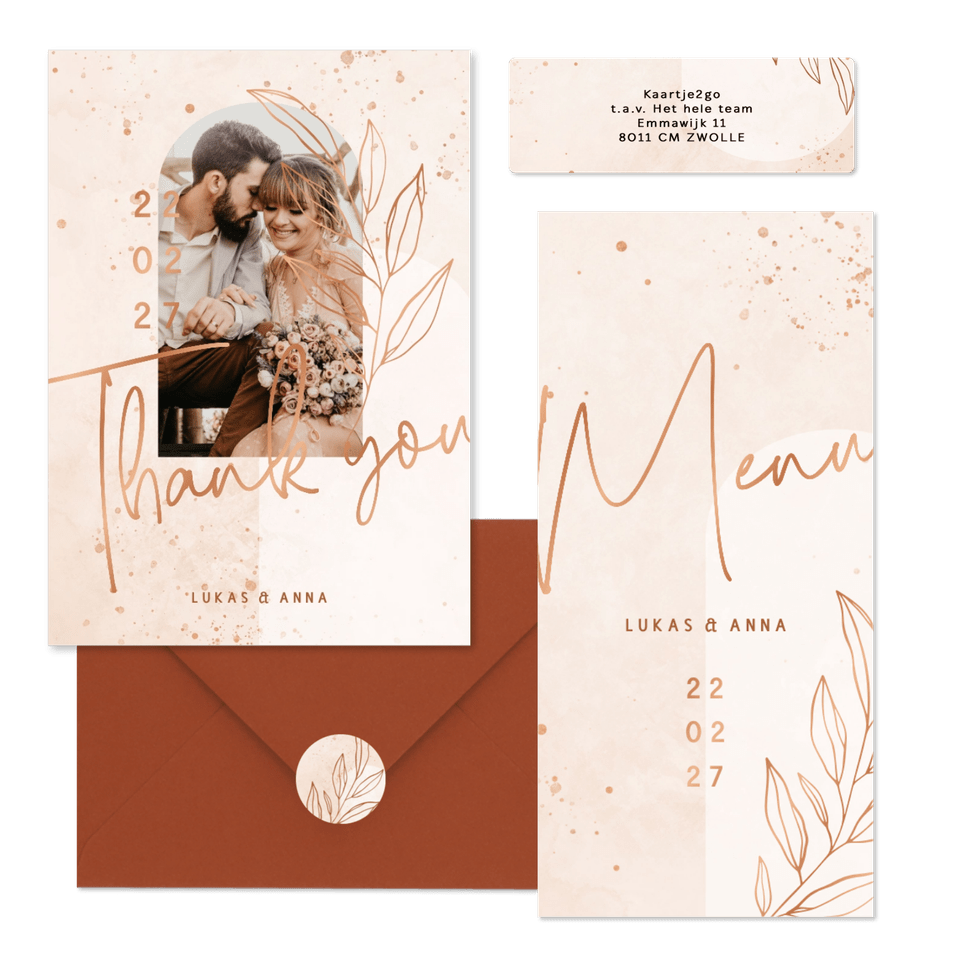 Hochzeitskartenset filigraner Zweig auf Rosé