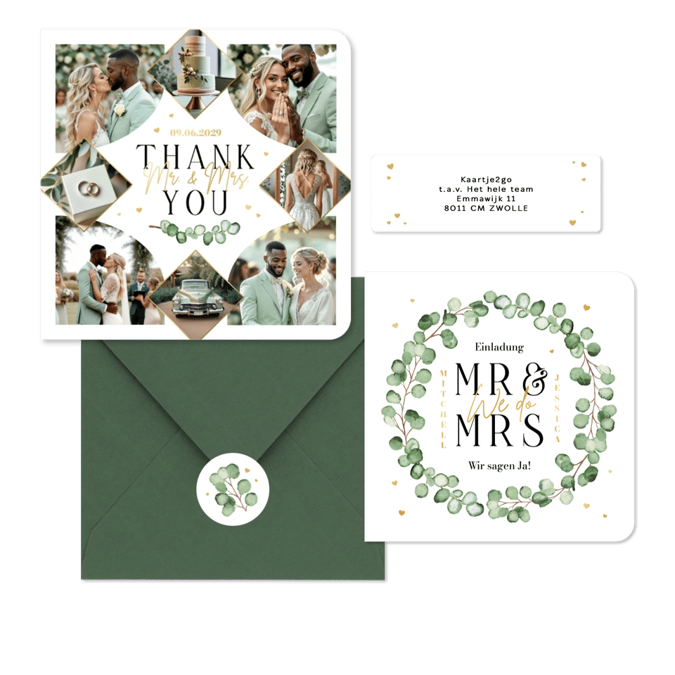 Hochzeitskartenset Eukalyptuszweige mit goldenen Herzchen