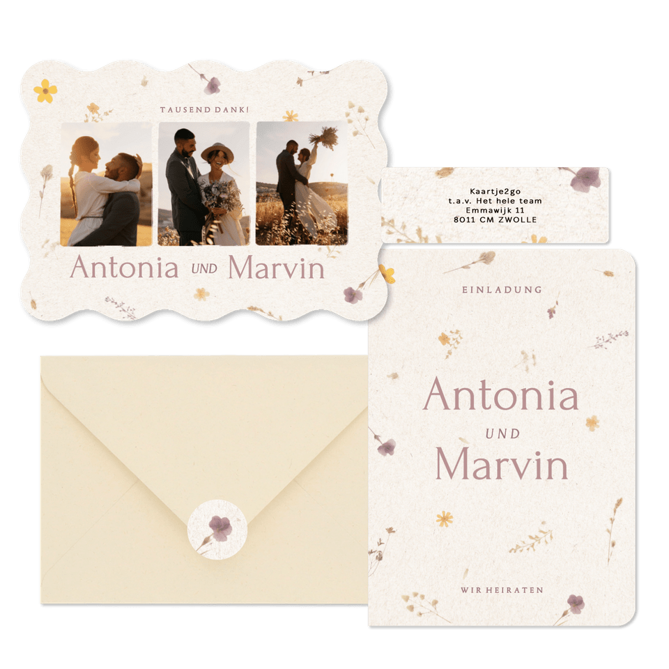 Hochzeitskartenset Schöpfpapier mit gepressten Blumen