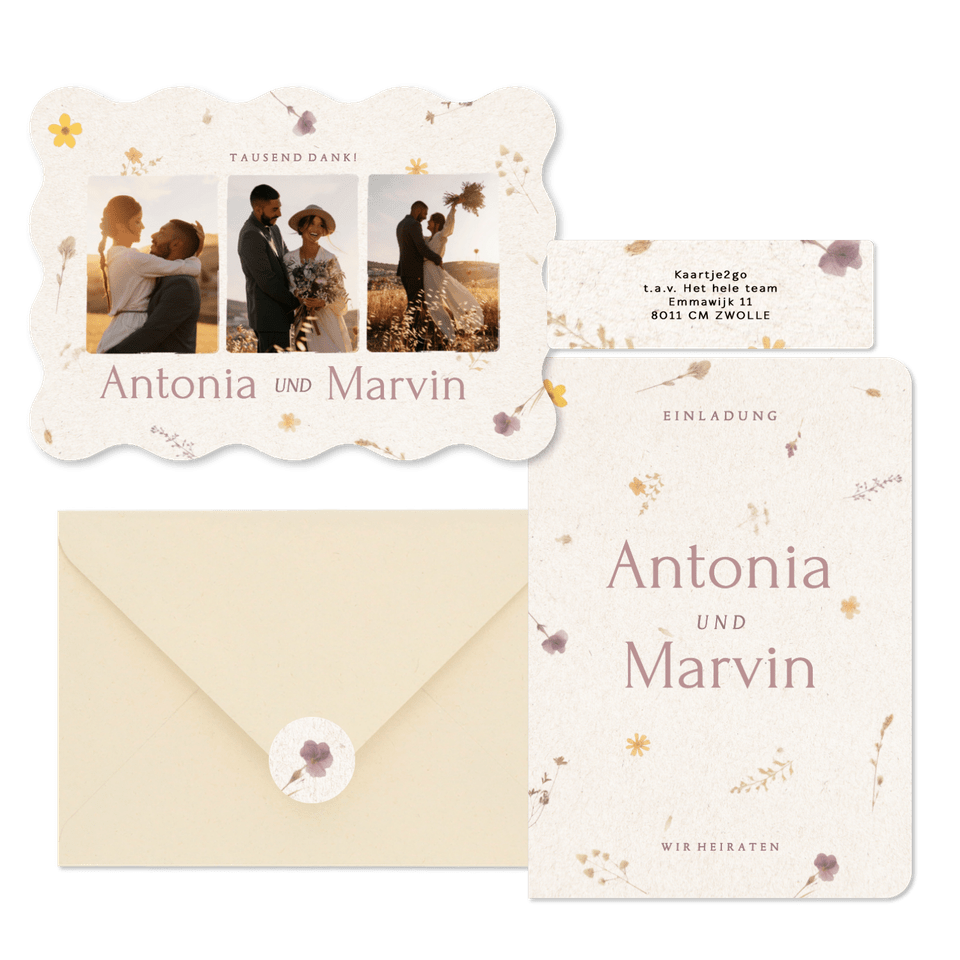 Hochzeitskartenset Schöpfpapier mit gepressten Blumen