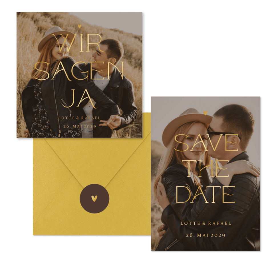 Fotokartenset zur Hochzeit mit elegantem goldenem Schriftzug