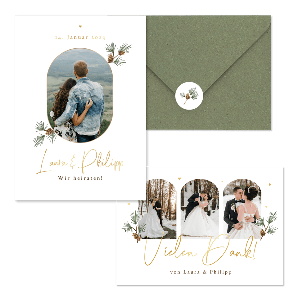 Hochzeitskartenset schlicht Winter Tannenzweige und Zapfen