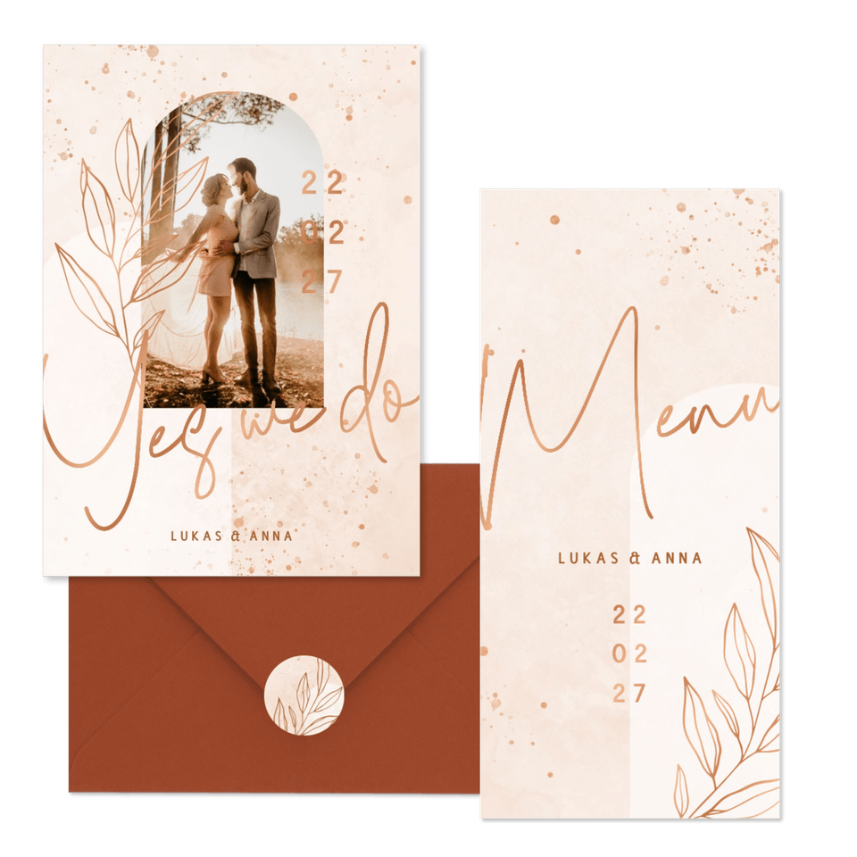 Hochzeitskartenset filigraner Zweig auf Rosé