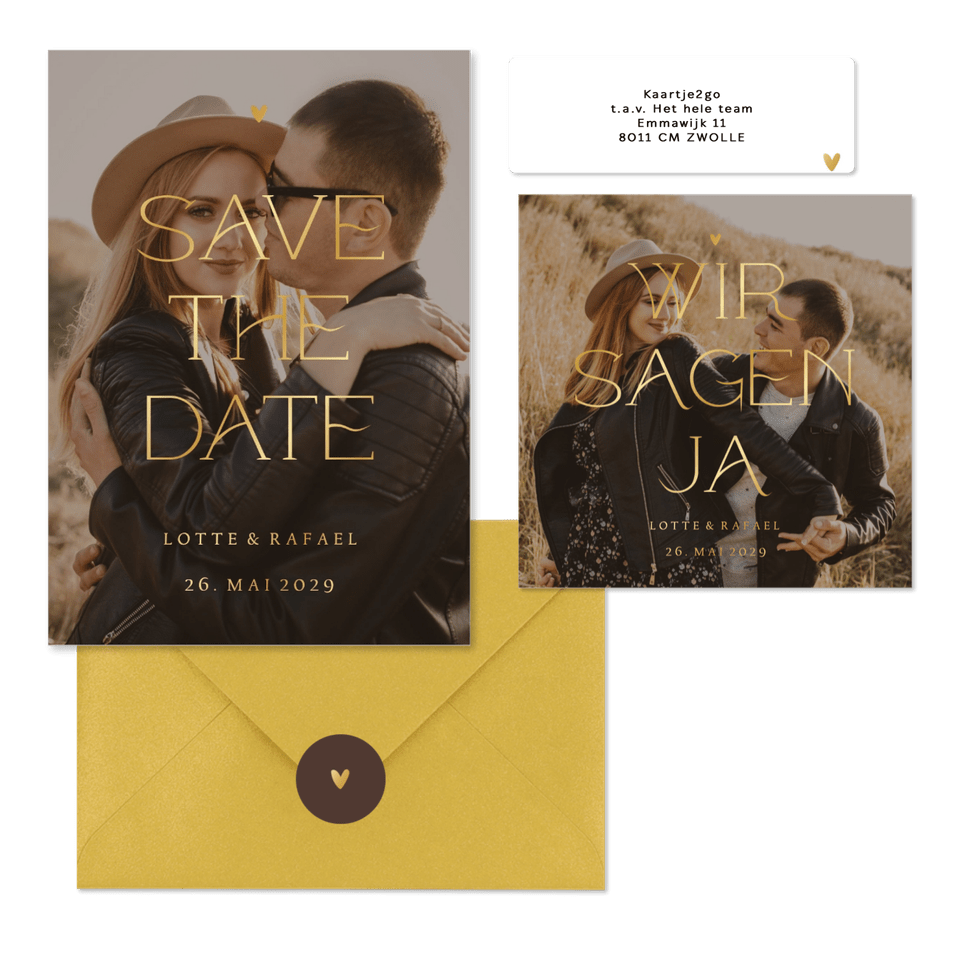 Fotokartenset zur Hochzeit mit elegantem goldenem Schriftzug