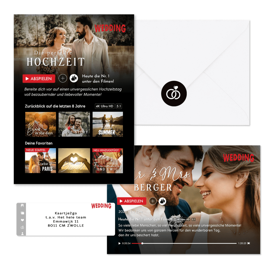 Hochzeitskarten im Streamingdienst-Look