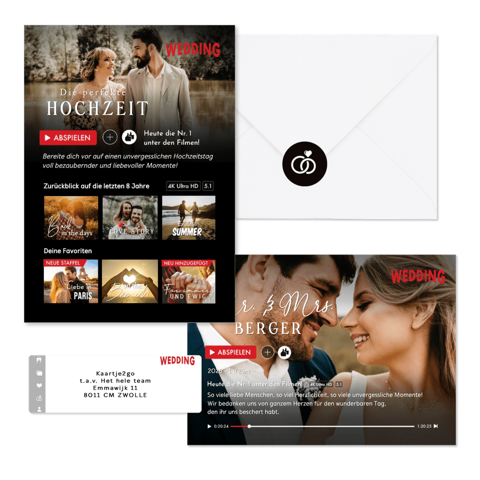 Hochzeitskarten im Streamingdienst-Look