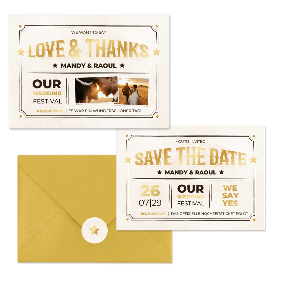 Vintage Hochzeitskartenset Ticket-Look