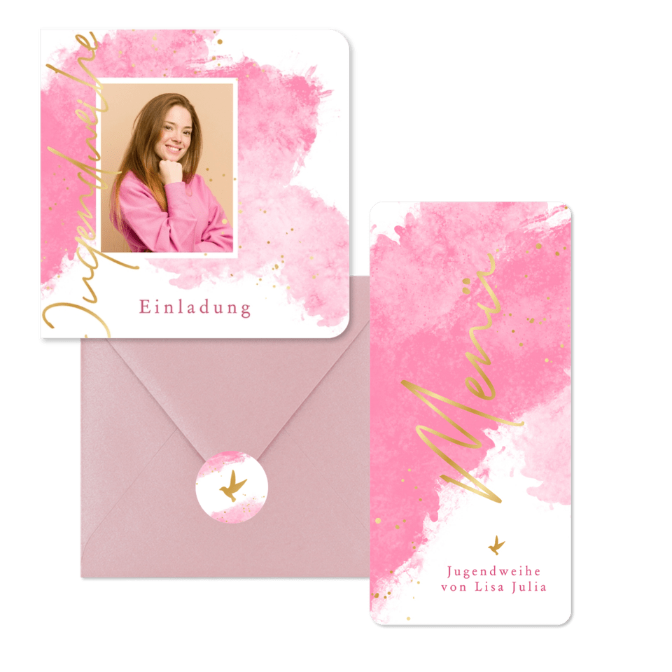 Jugendweihe - Rosa Aquarell mit goldenem Vogel
