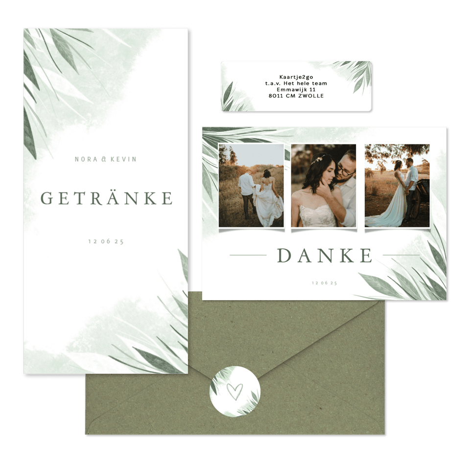 Hochzeitskartenset Zierliche Blätter Mintgrün