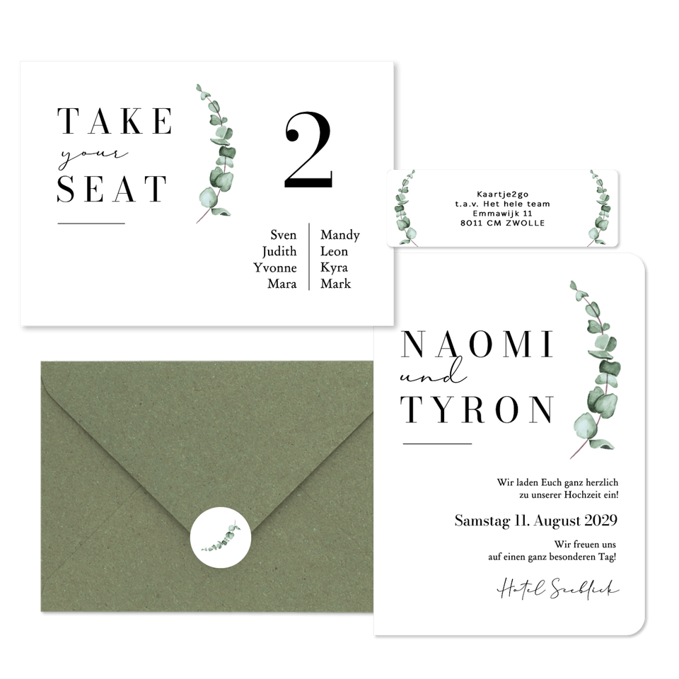 Hochzeitskarten schlicht und elegant mit Eukalyptuszweig