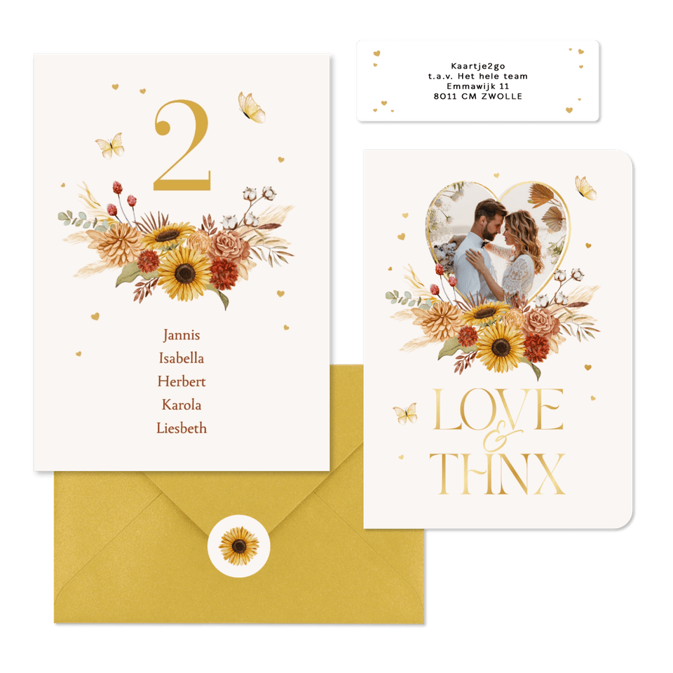 Hochzeitskartenset Blumen & Gräser mit Goldschrift