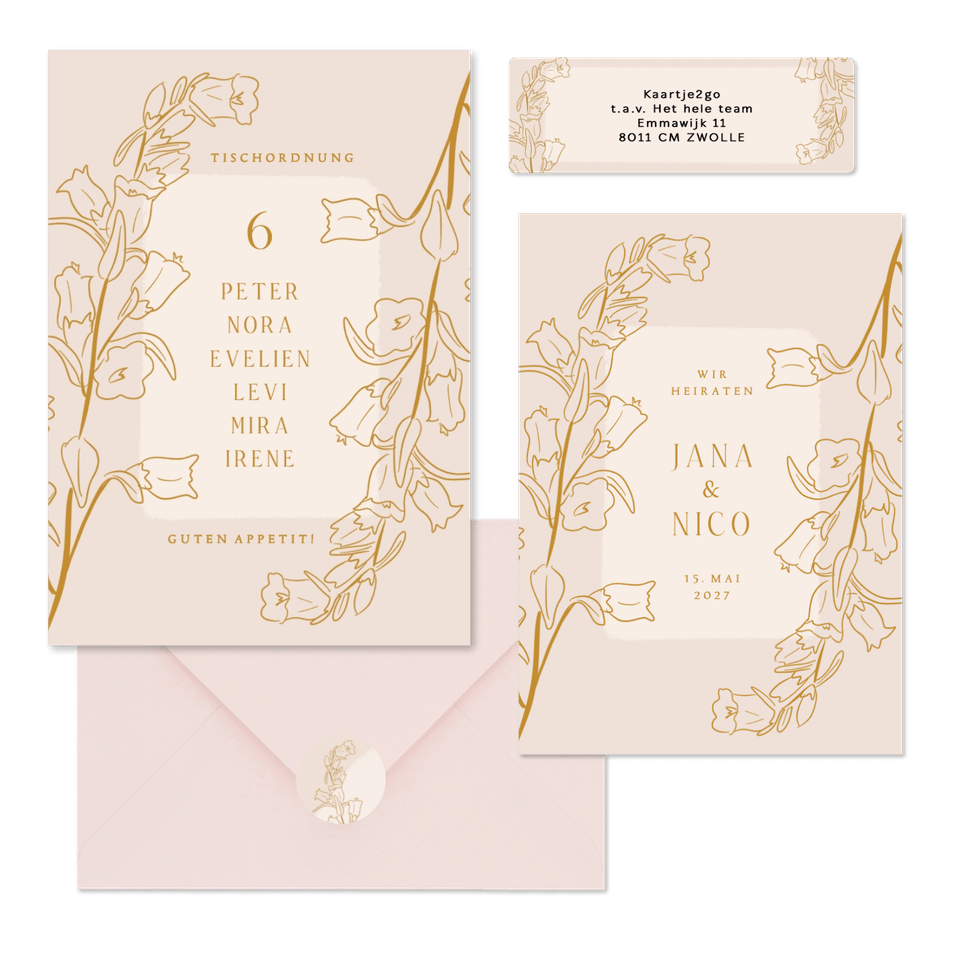Hochzeitskartenset mit goldenen Glockenblumen Altrosa