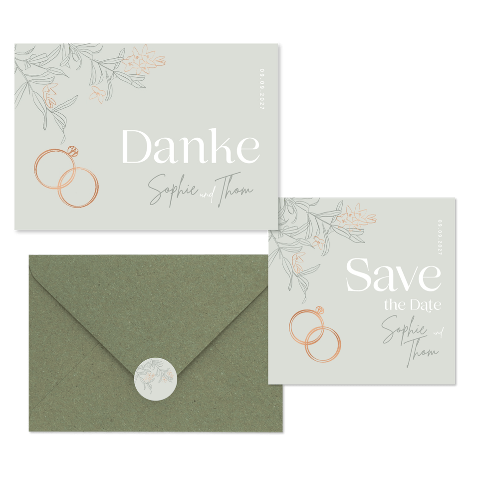Hochzeitskartenset mit Ringen & Blumen pastellgrün