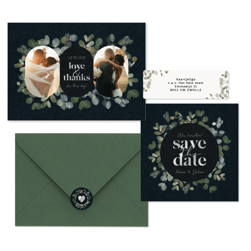 Hochzeitskartenset mit Eukalyptus auf Schwarz