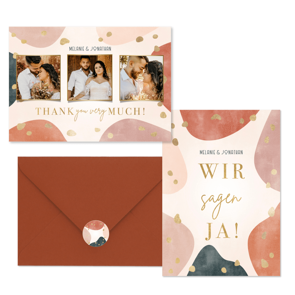 Hochzeitskartenset organische Formen mit Goldklecksen