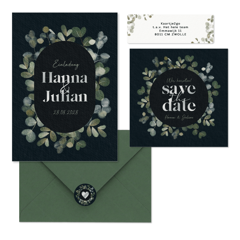 Hochzeitskartenset mit Eukalyptus auf Schwarz