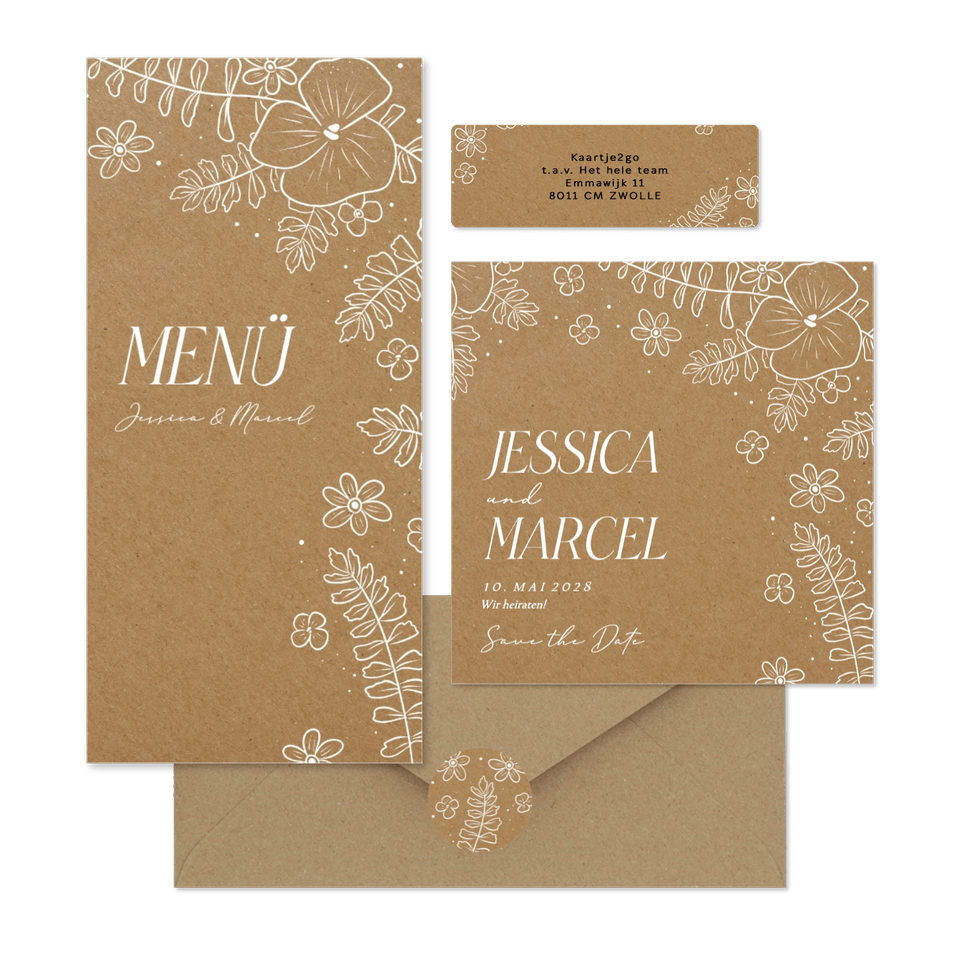 Hochzeitskartenset weiße Blumen auf Kraftpapier