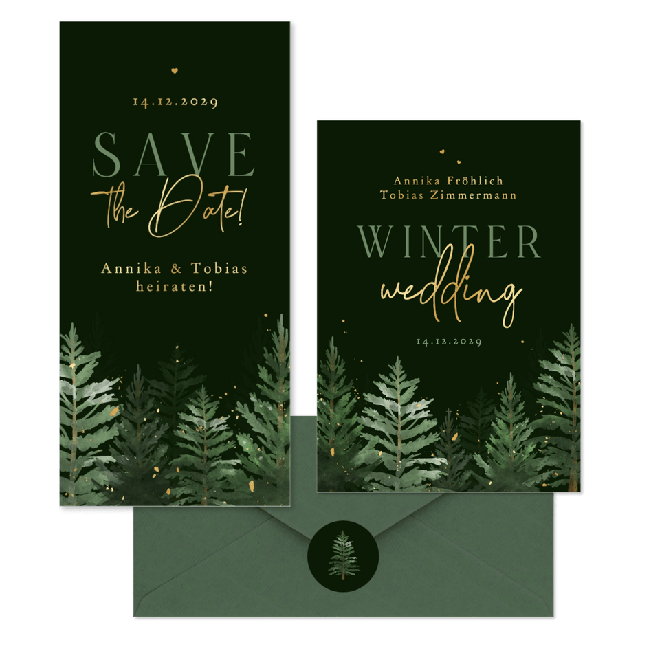 Hochzeitskarten Winterset Tannenbäume in Aquarell auf Dunkelgrün