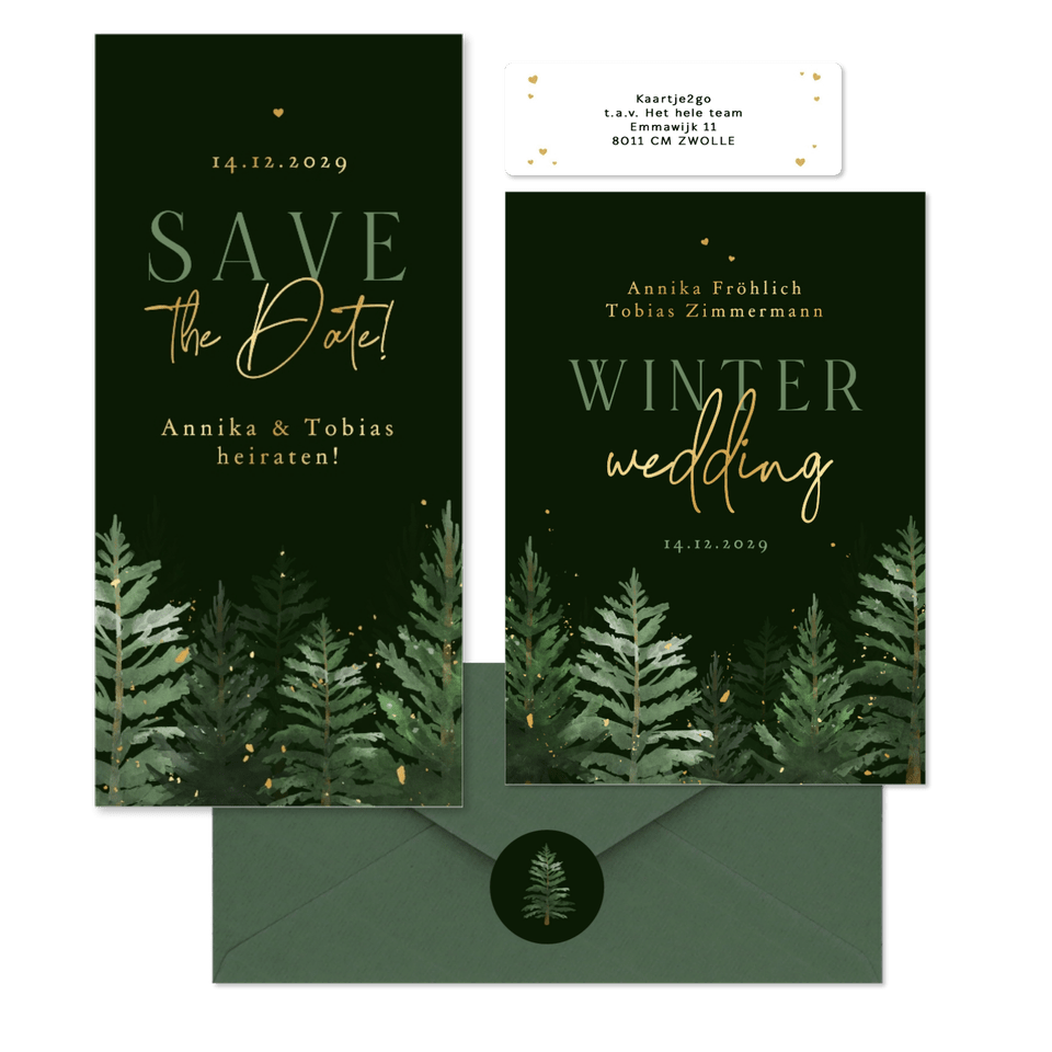 Hochzeitskarten Winterset Tannenbäume in Aquarell auf Dunkelgrün