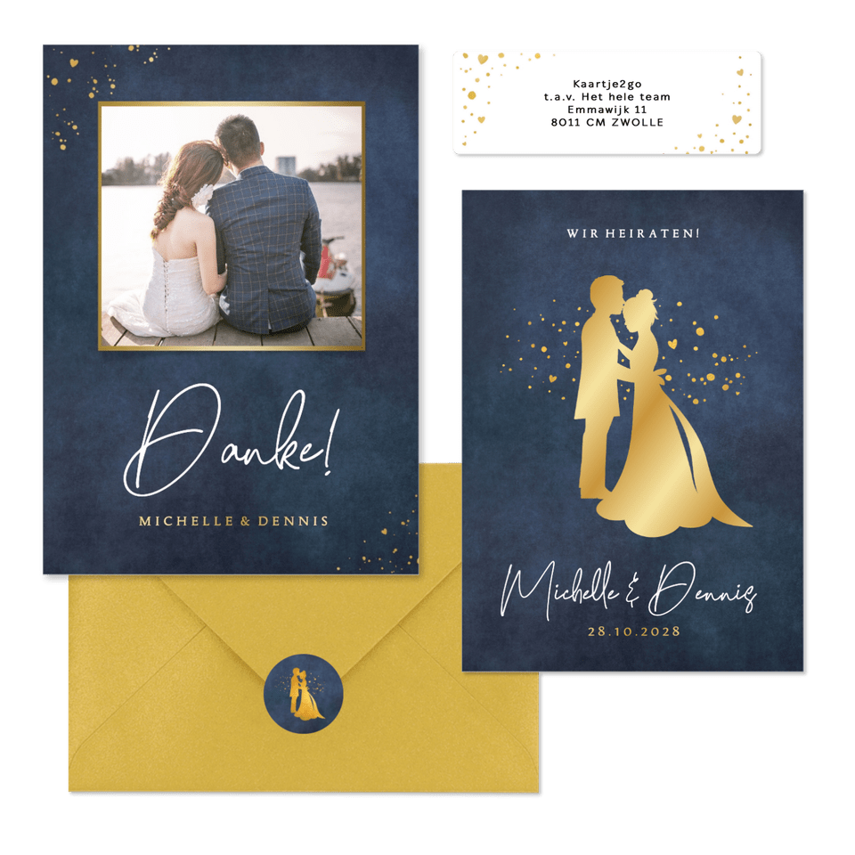 Hochzeitskartenset Goldener Scherenschnitt auf Dunkelblau