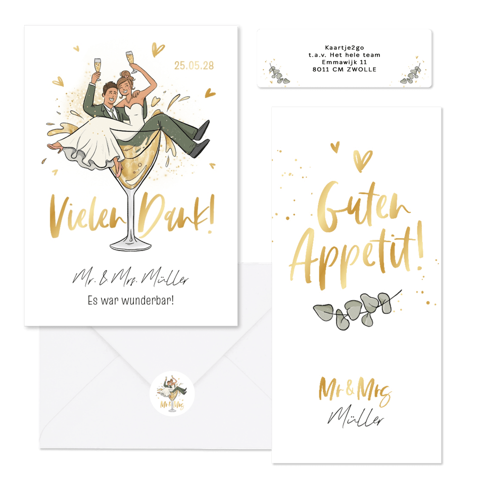 Hochzeitskartenset mit Brautpaar in Sektglas