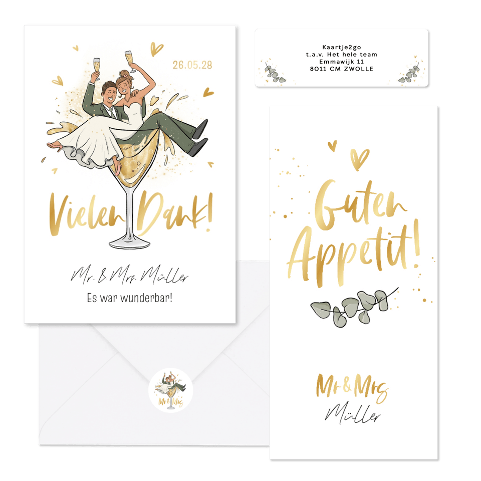 Hochzeitskartenset mit Brautpaar in Sektglas