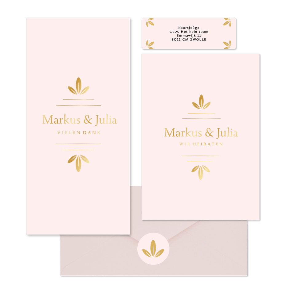 Hochzeitskartenset schlichtes Rosa mit Goldornamente