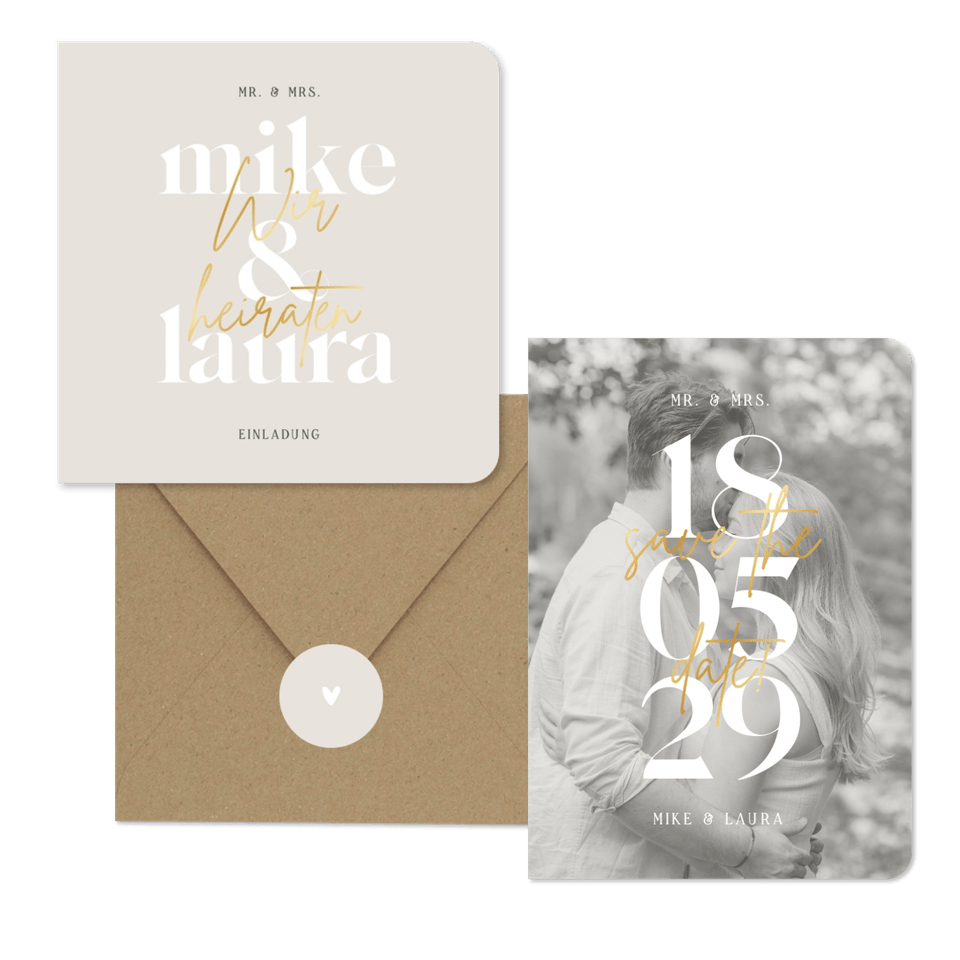 Hochzeitskarten minimalistisch mit Goldschrift