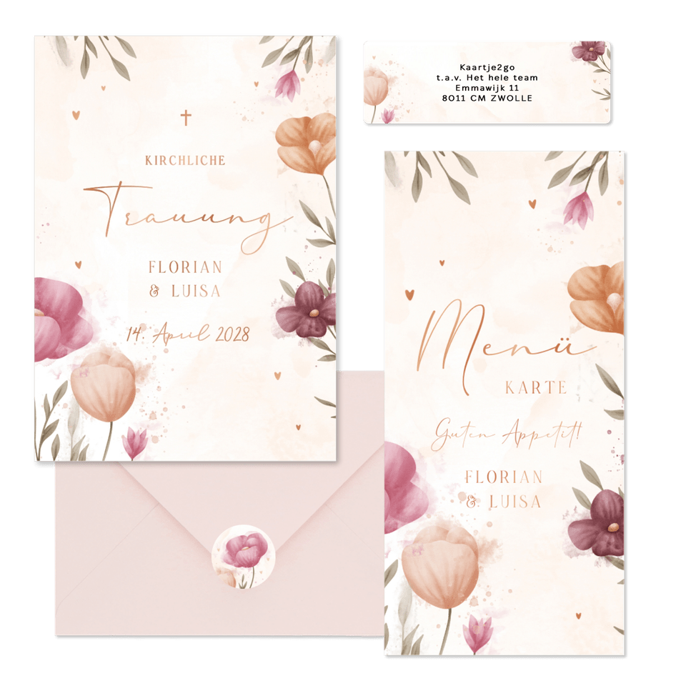 Hochzeitskartenset mit Frühlingsblumen Aquarell & Kupfer