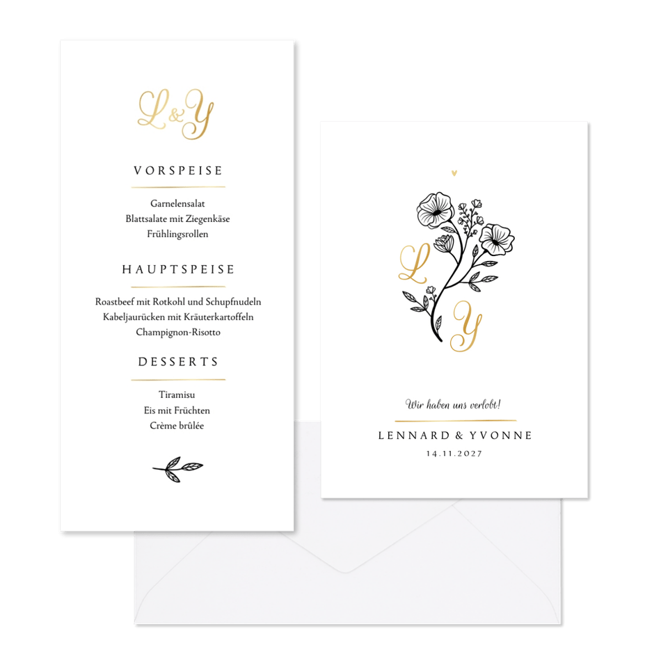 Hochzeitskartenset Blumenillustration schwarz-weiß