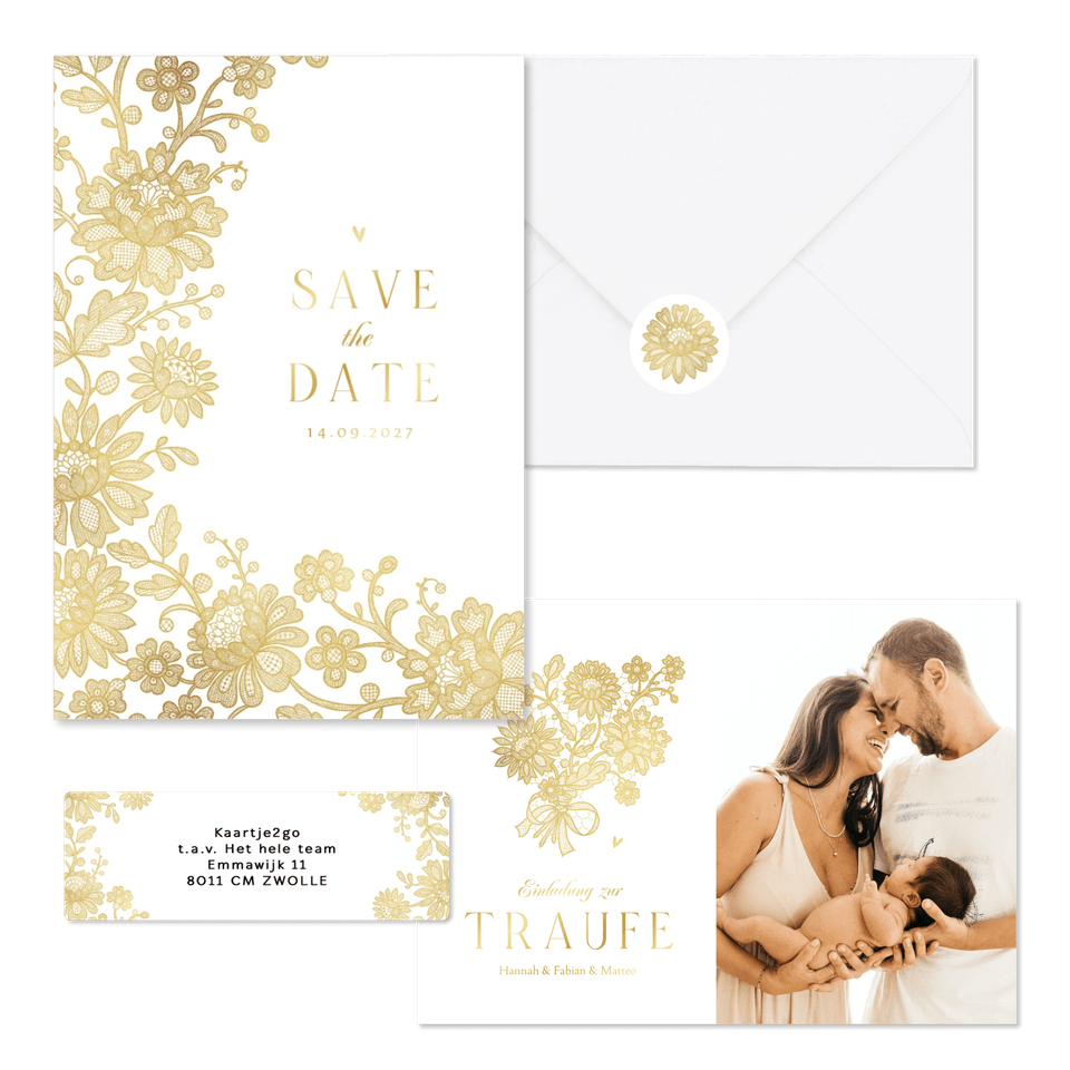 Hochzeitskartenset goldene Blumenspitze auf Weiß