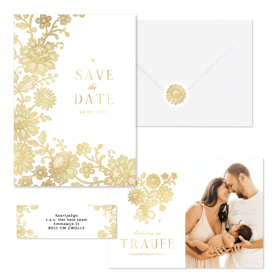 Hochzeitskartenset goldene Blumenspitze auf Weiß