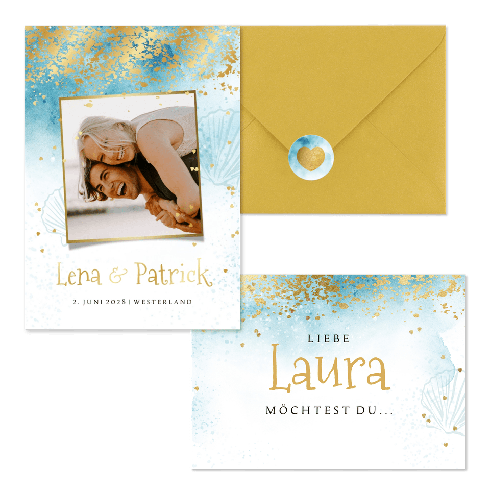 Hochzeitskartenset sommerlich Strandlook mit Gold