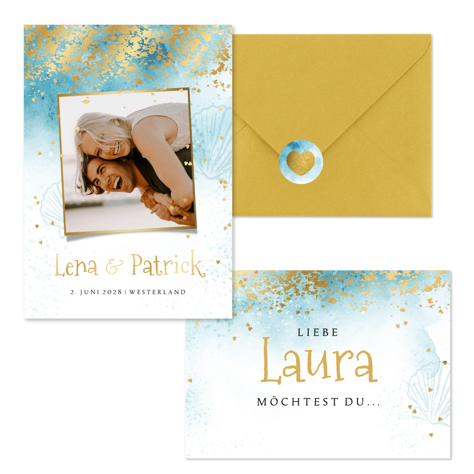 Hochzeitskartenset sommerlich Strandlook mit Gold