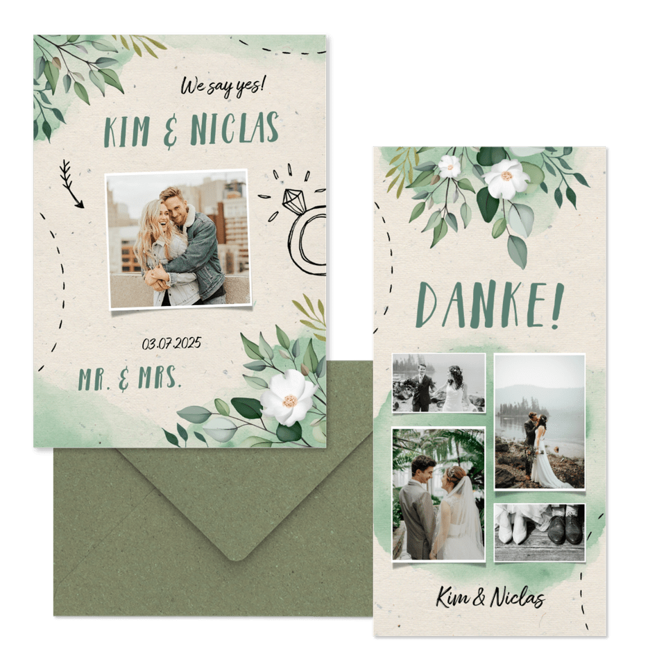 Hochzeitskartenset Botanisch mit Doodles