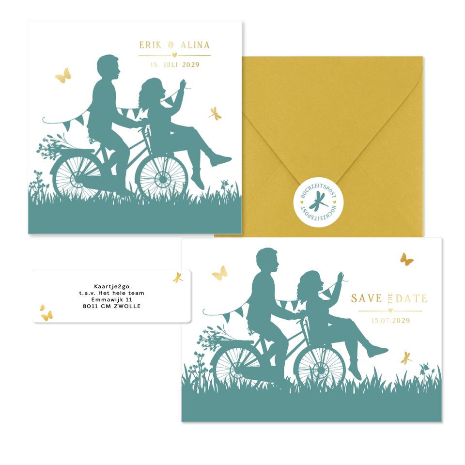 Hochzeitskartenset Scherenschnitt Brautpaar auf Fahrrad