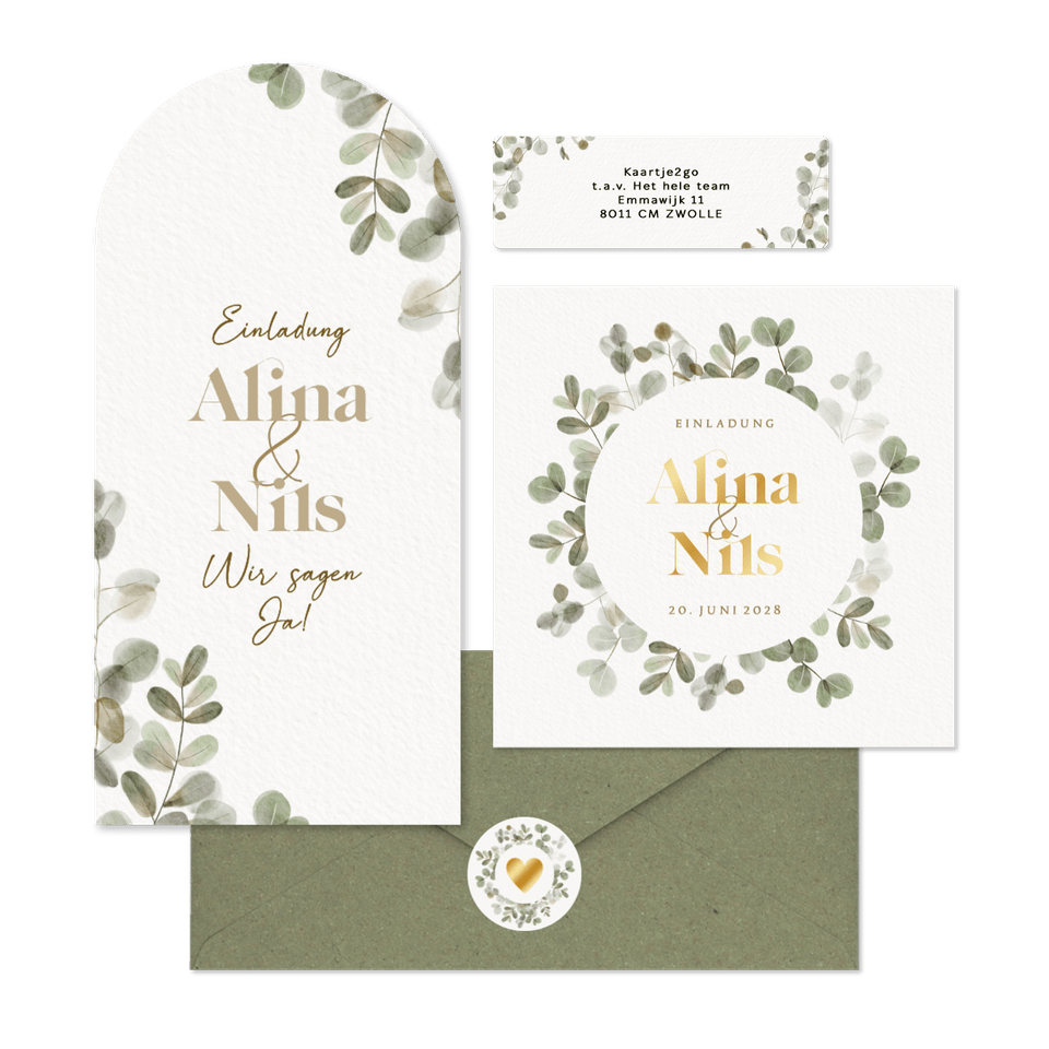 Hochzeitskartenset mit Eukalyptuskranz und Goldschrift